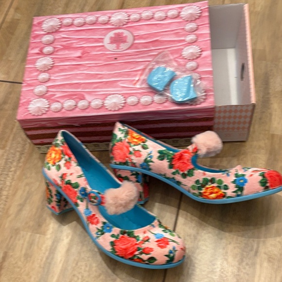 Hot Chocolate Design Shoes - Floral Embroidered Heels with Blue Accents